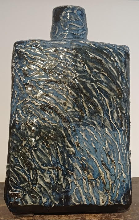 Blue and black check square bottle vase by Ray Toms